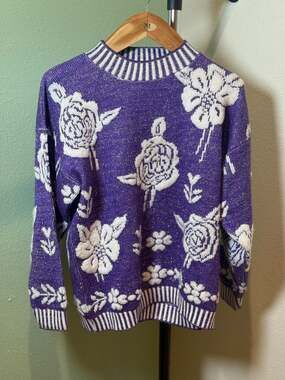 Glamour Vintage Knit Purple Floral Metallic Sweater Mock Neck USA Made